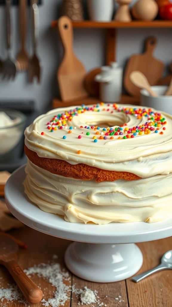 A two-layer cake with smooth butter icing and colorful sprinkles on a white cake stand.
